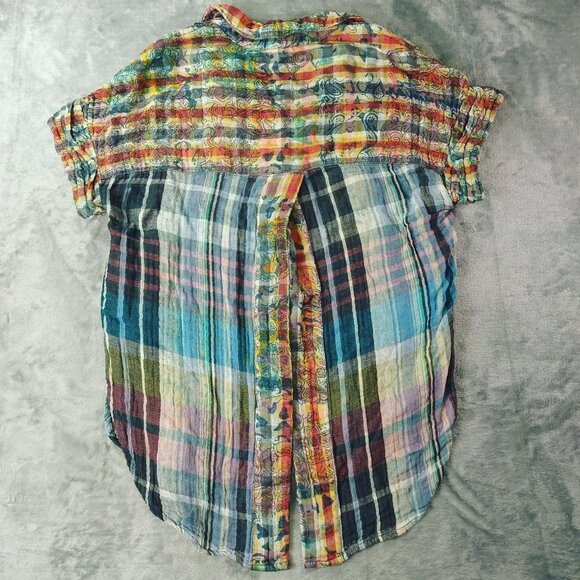 Pilcro Anthropologie Women’s Top XS Multicolor Plaid Button Boho Crinkle Y2K - Picture 7 of 12
